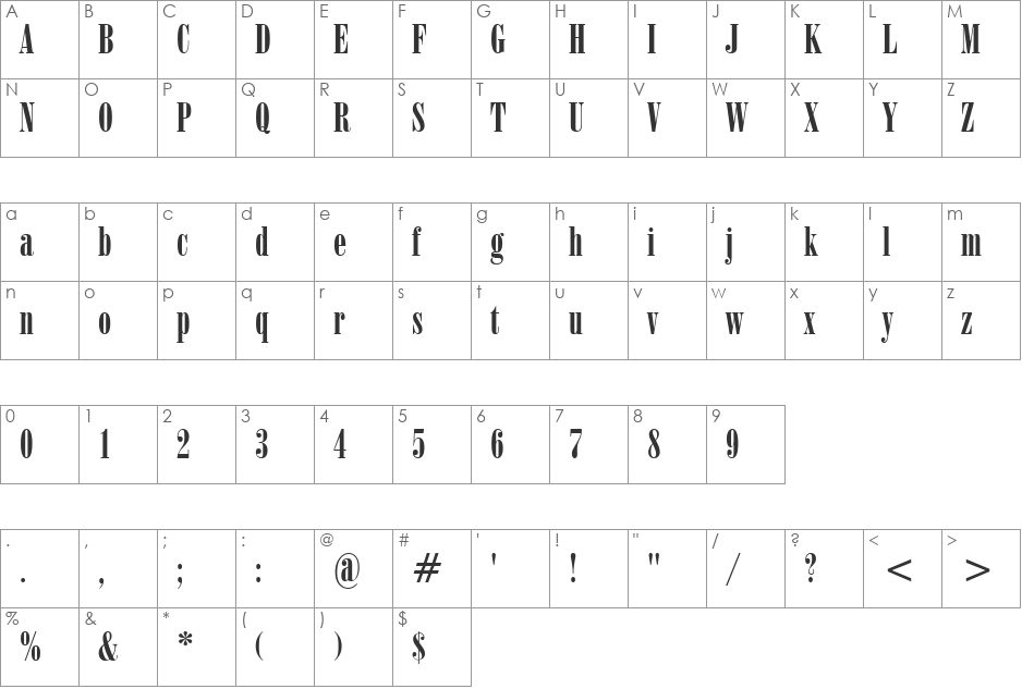 Capelli Ultra Condensed font character map preview