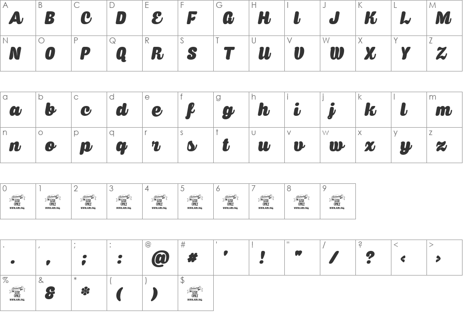 Caprica Script Personal Use font character map preview
