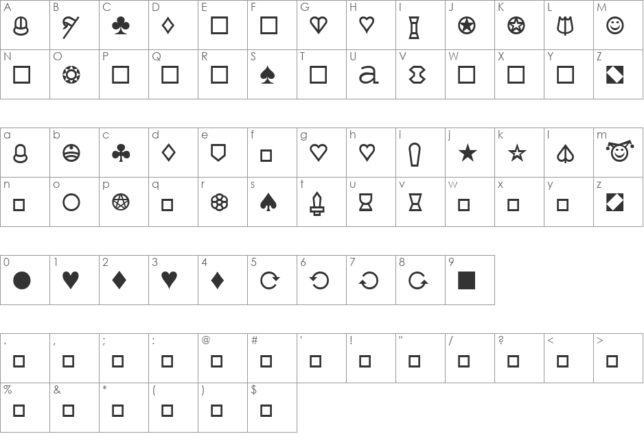 Cards font character map preview