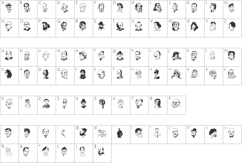 CaricaturesHeads font character map preview