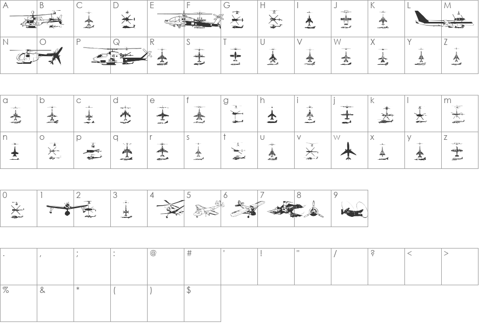 Aircraft font character map preview