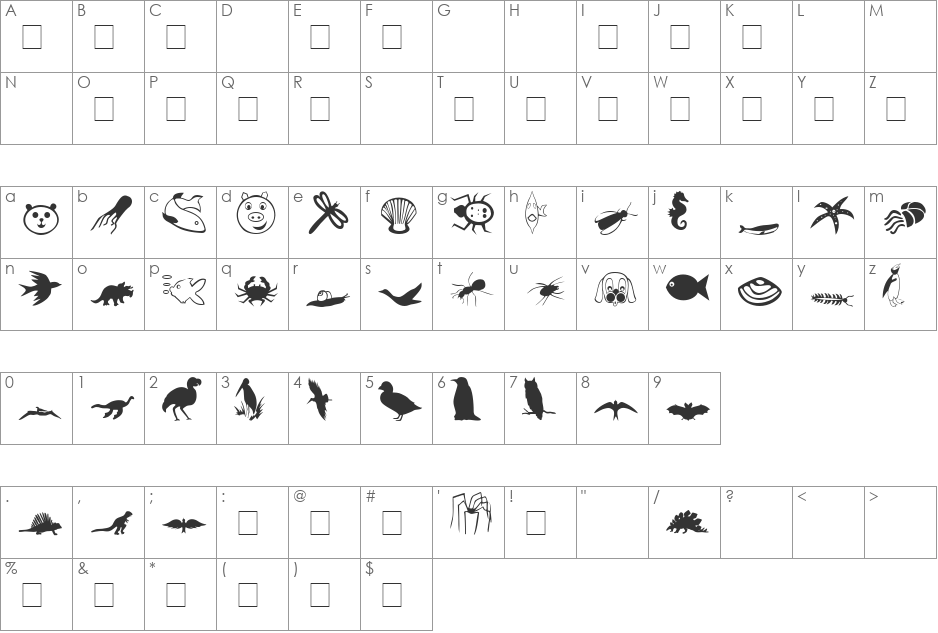 Carr Animal Dingbats font character map preview