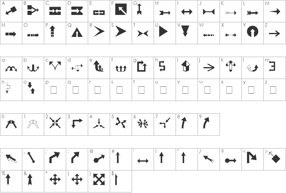Carr Arrows (filled) font character map preview
