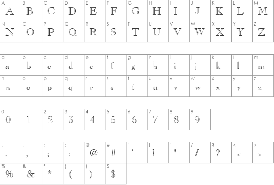 Cas-Open-Face font character map preview