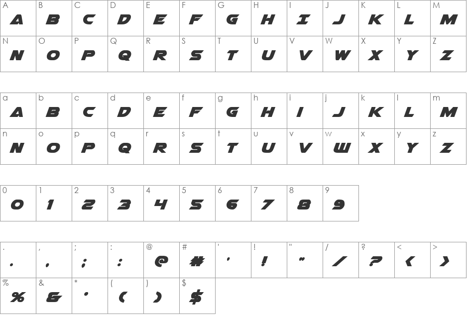 Airstrike font character map preview
