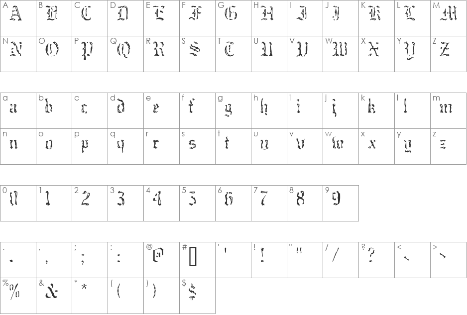 caustic monk font character map preview