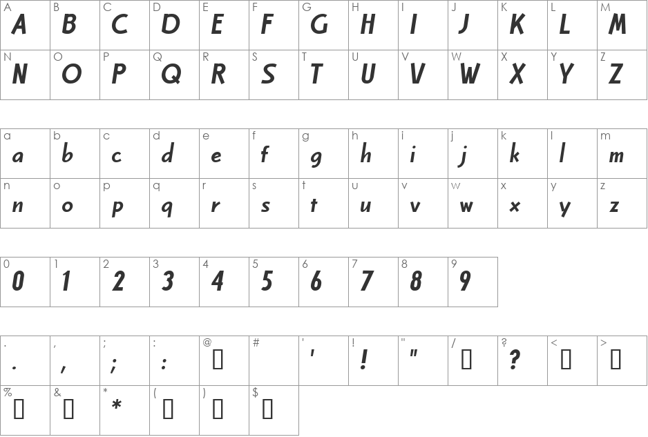 Celboexbold font character map preview