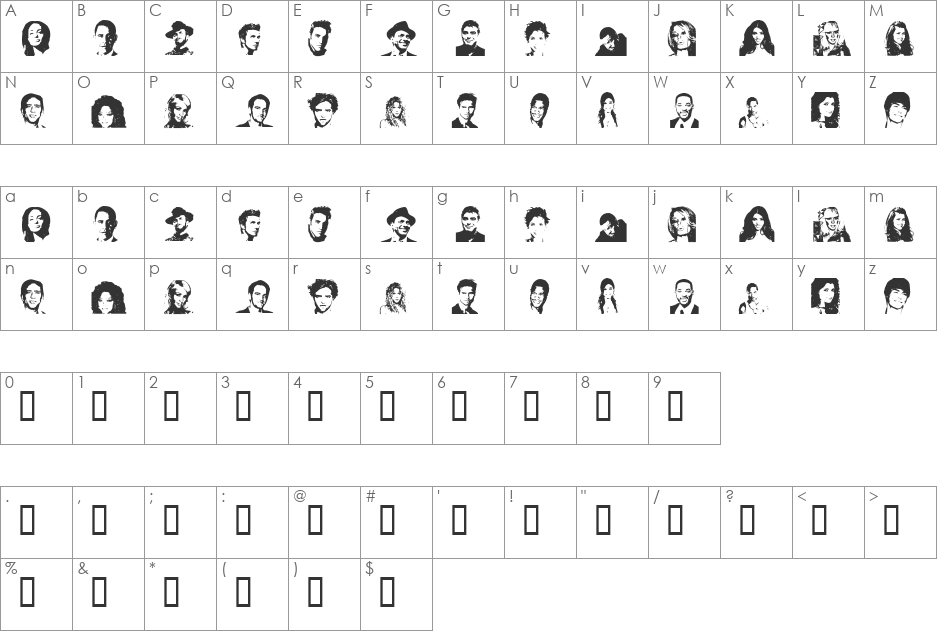 Celeb Faces font character map preview