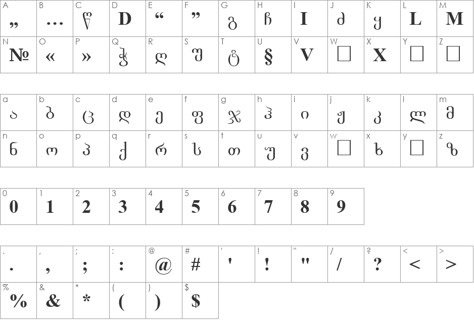 Akademiuri font character map preview