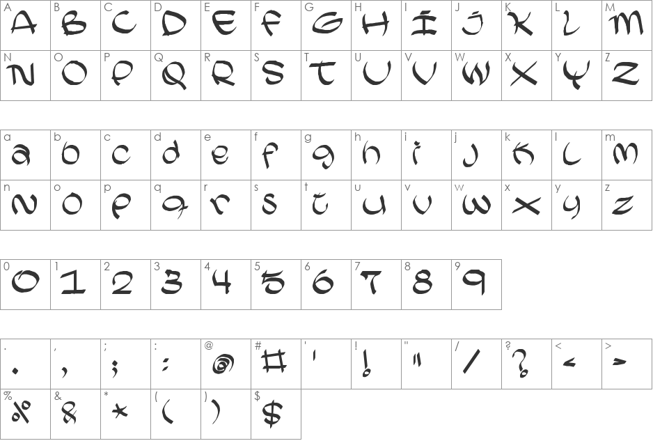 Akareb font character map preview