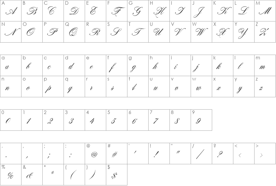 CertificateScript font character map preview