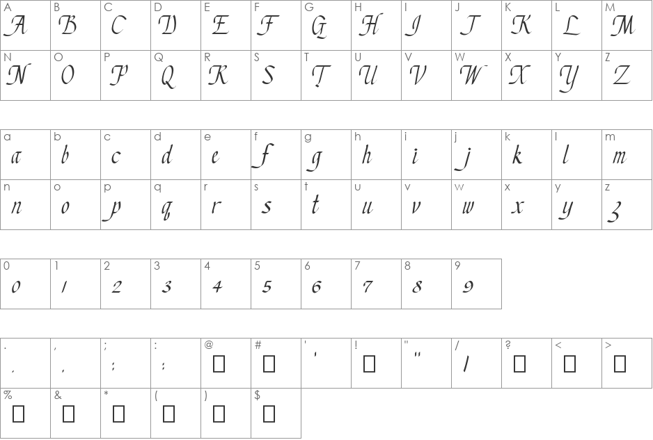 Chancery Cursive - DGL font character map preview