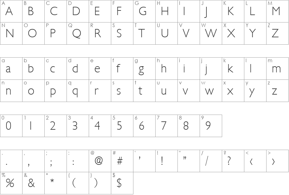 Chantilly-Serial-ExtraLight font character map preview