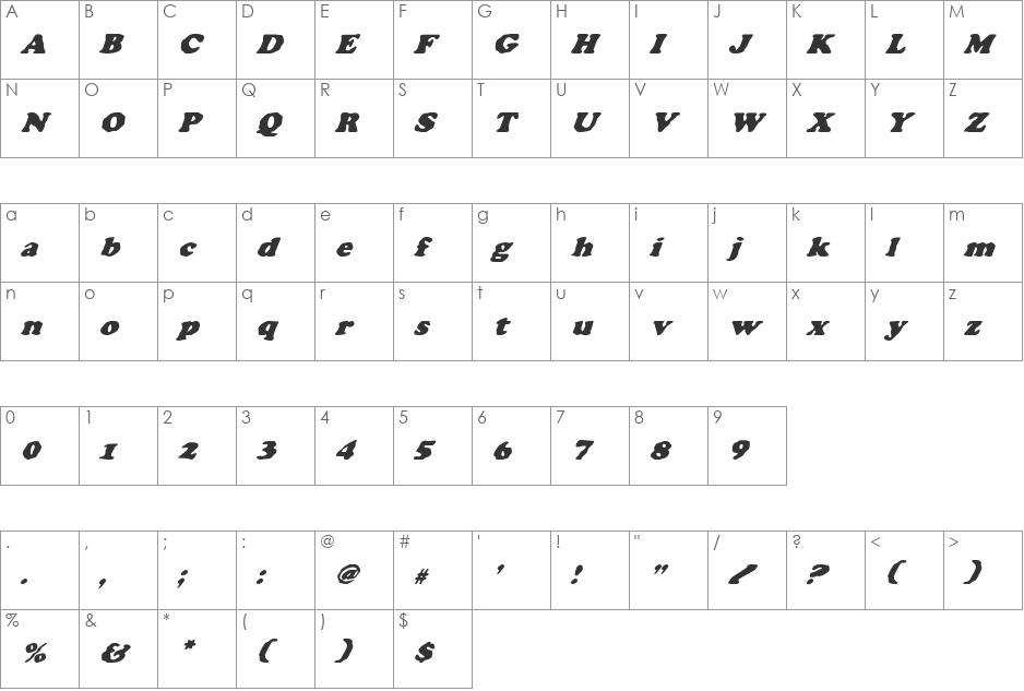 Charlemagne Condensed Italic font character map preview