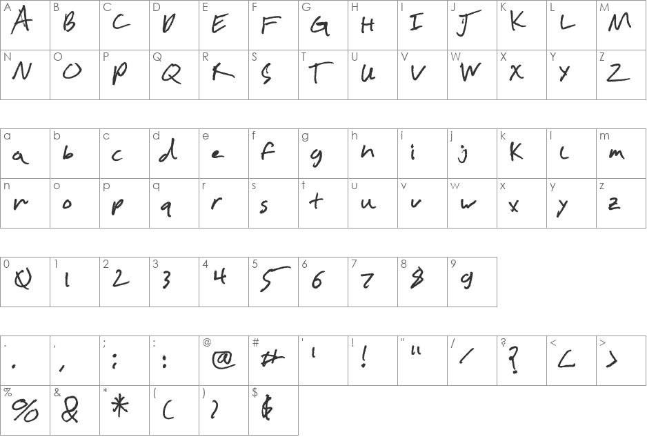Chicken Scratch font character map preview