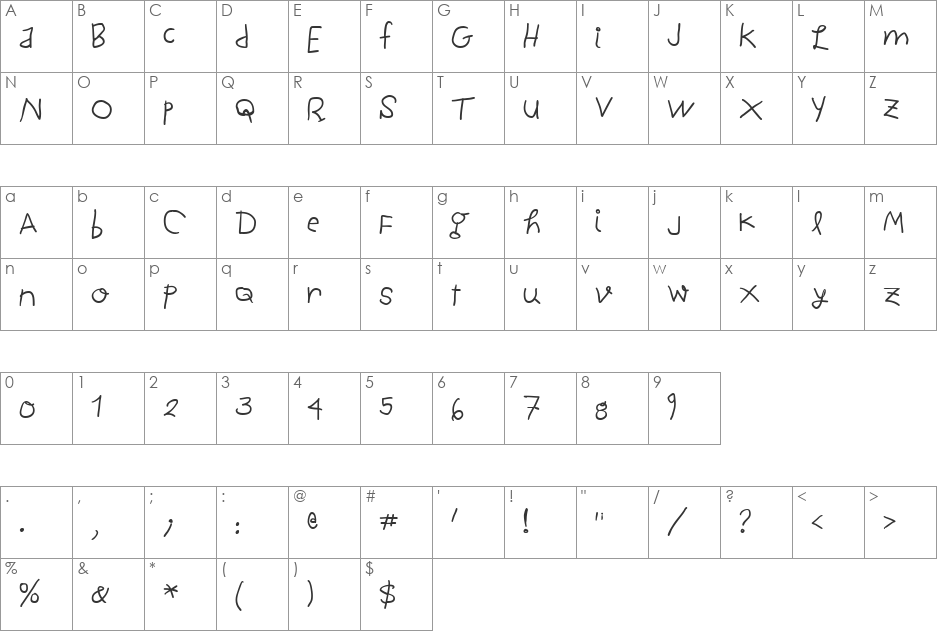 ChildWritten font character map preview