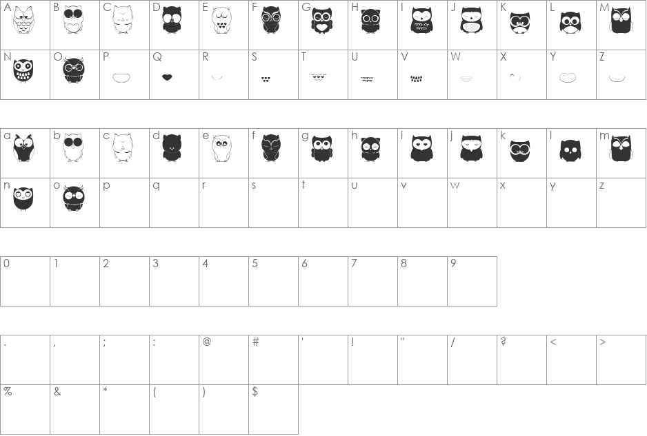Chouette alors font character map preview