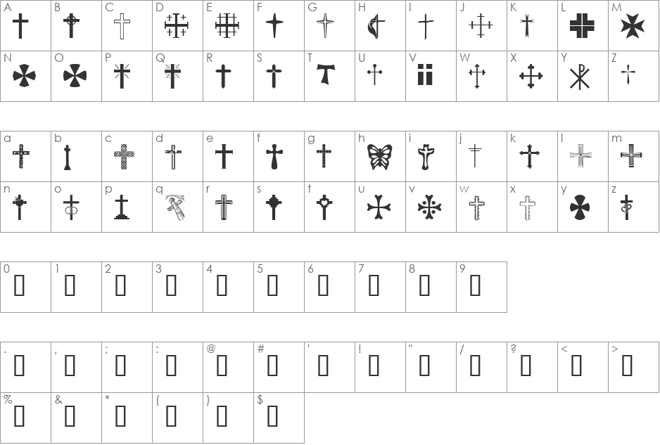 Christian Crosses font character map preview