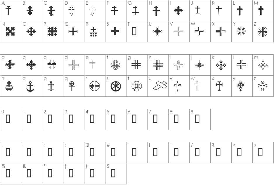 Christian Crosses III font character map preview