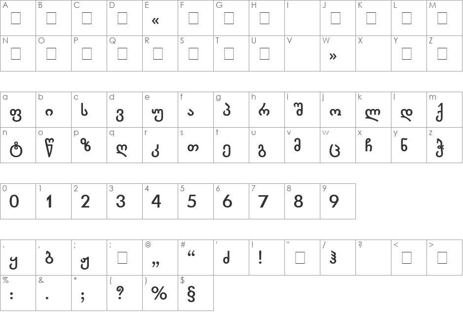Chveulebrivy font character map preview