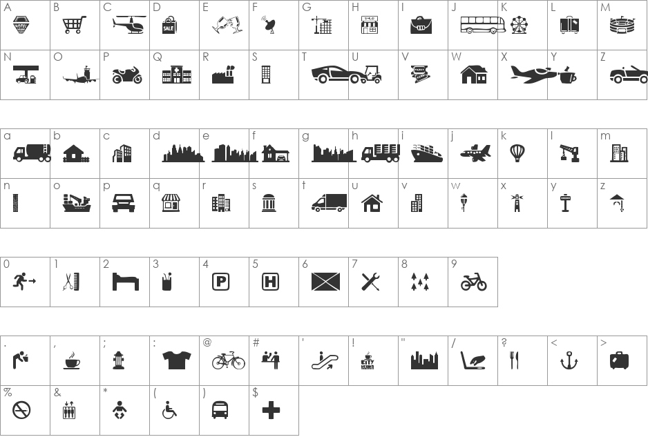 City Icons font character map preview