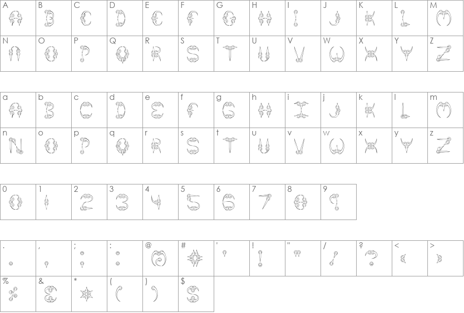 CLAW 1 BRK font character map preview