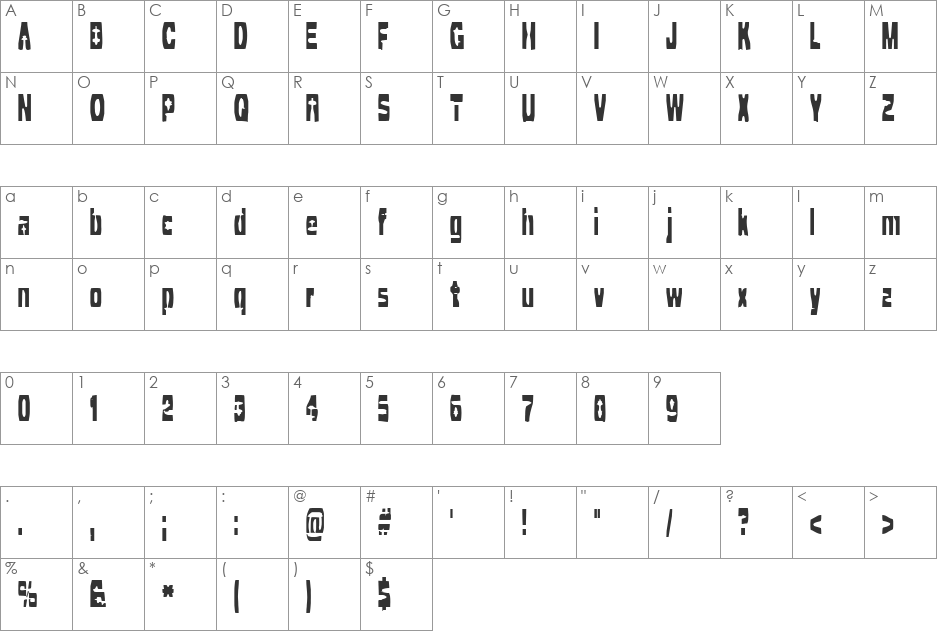 Cleaved TTR (BRK) font character map preview