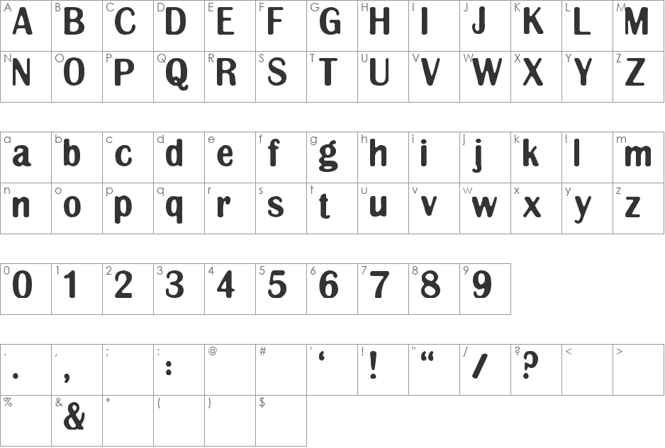 Clingy font character map preview