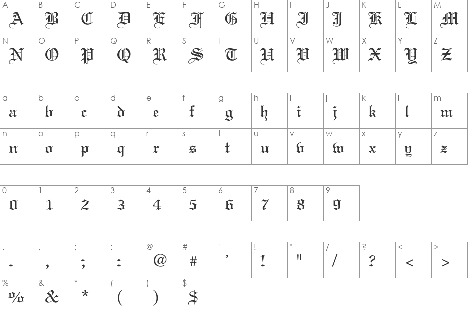 CloisterBlack BT font character map preview