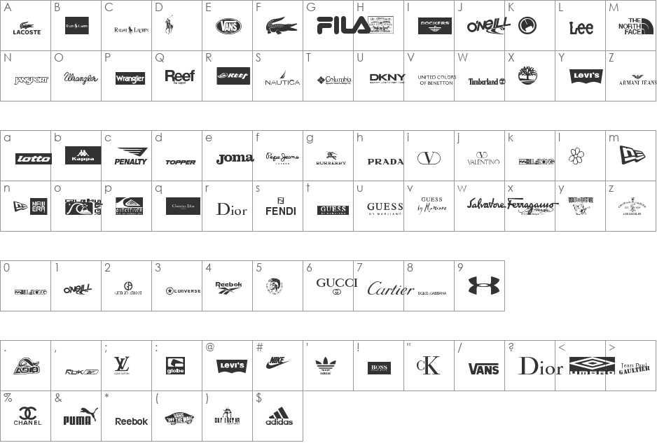 clothing logos tfb font character map preview