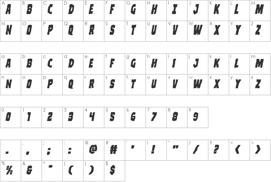 Clubber Lang Expanded Italic font character map preview