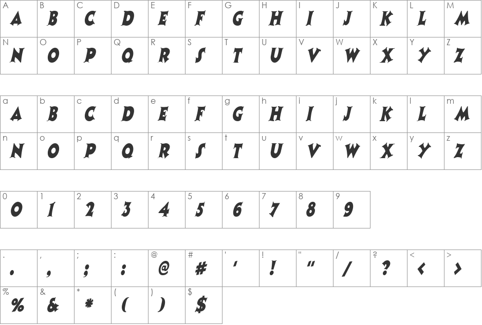 CoasterNarrow font character map preview