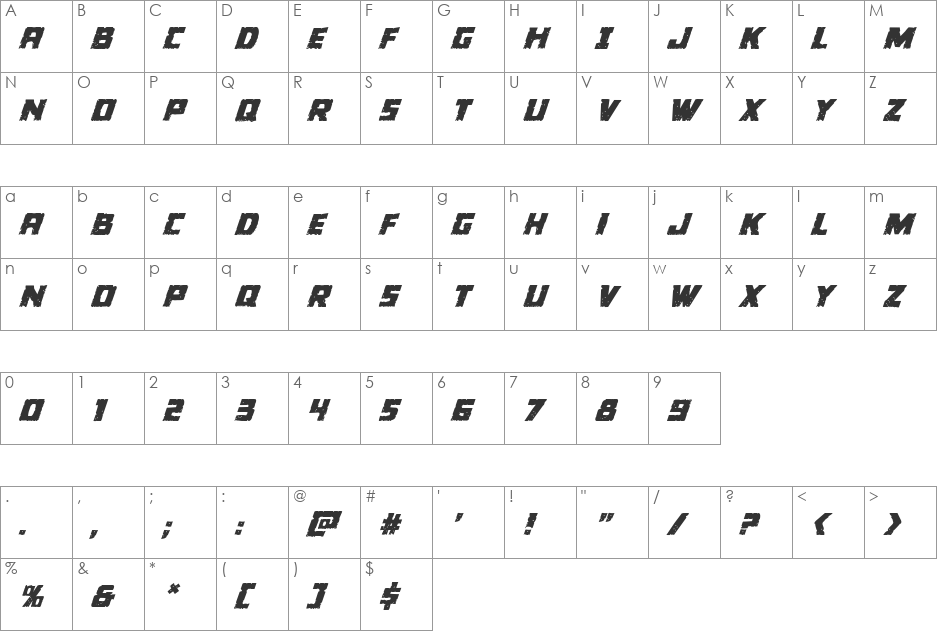 Colossus Italic font character map preview
