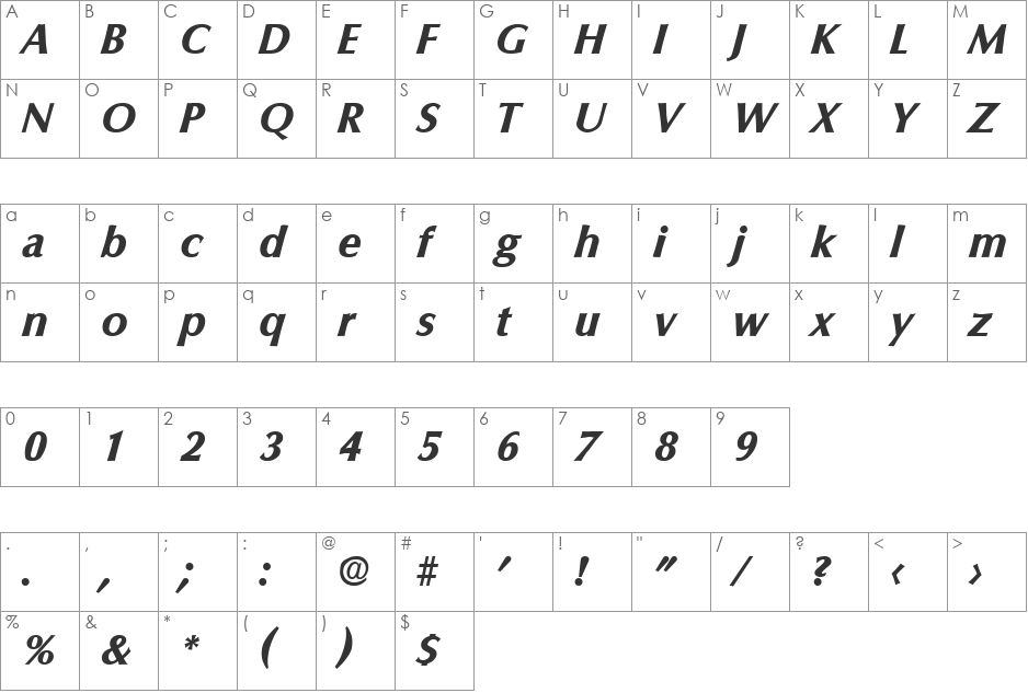 Columbia-BoldIta font character map preview
