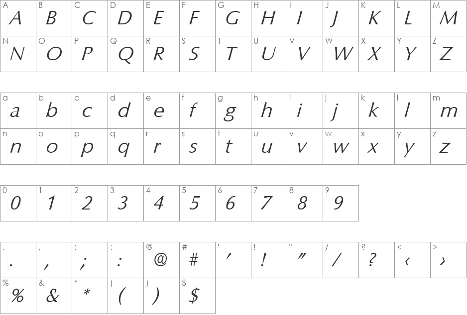 Columbia-Serial-Light font character map preview