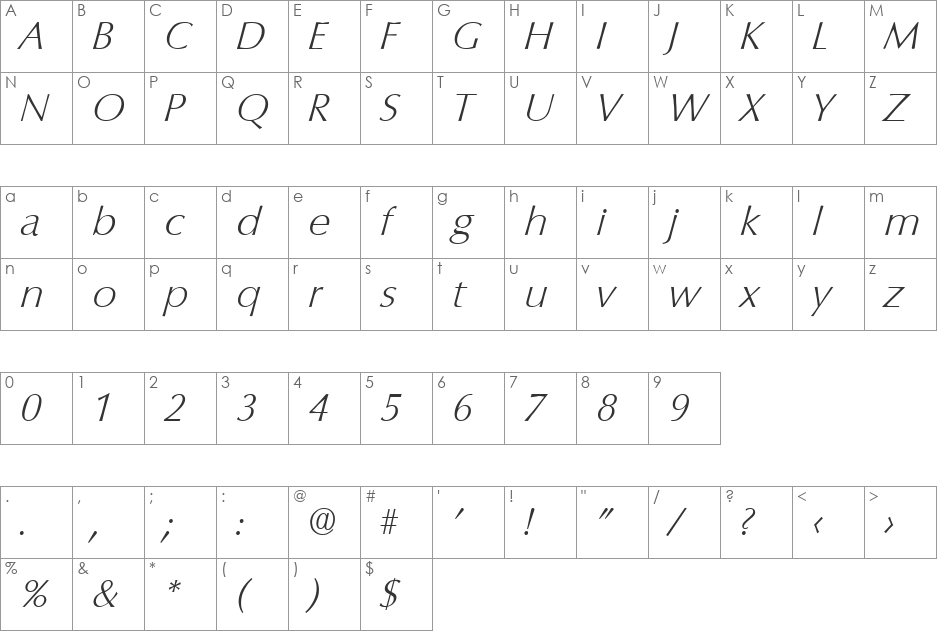 Columbia-XlightIta font character map preview