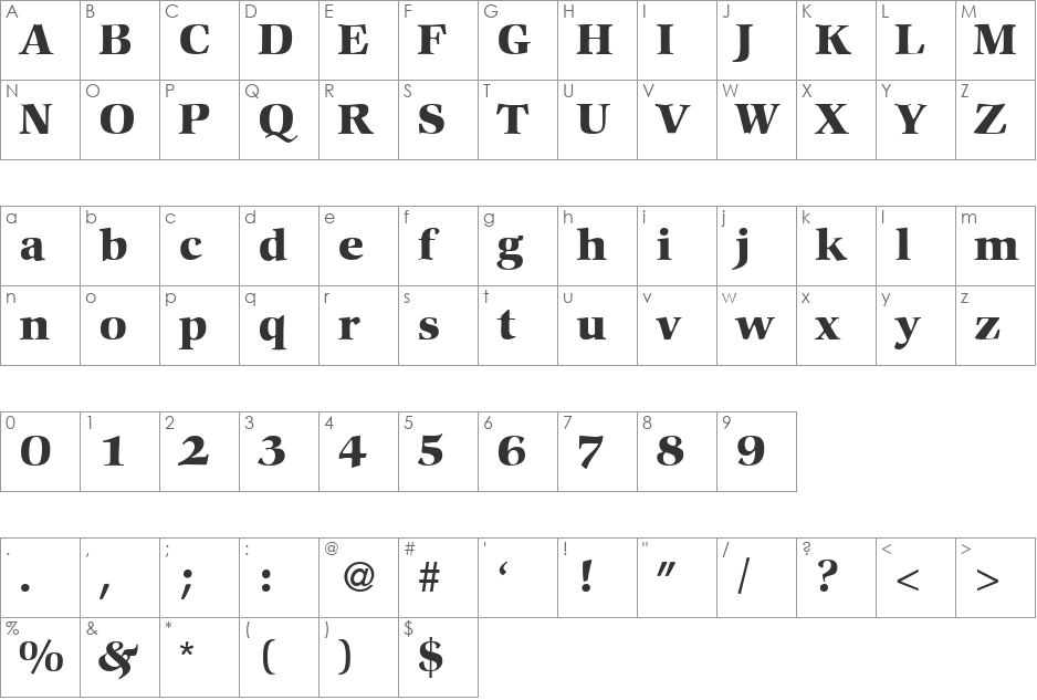 Commencement font character map preview