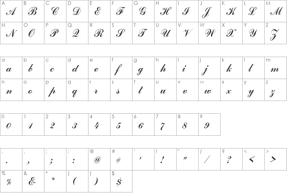 Commercial Becker Script font character map preview