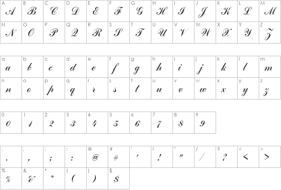 Commercial Becker Script D font character map preview