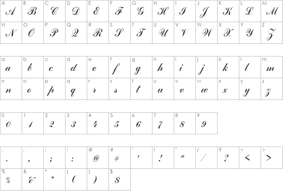 Commercial Becker Script Join font character map preview