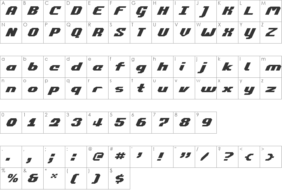 Commonwealth Expanded Italic font character map preview