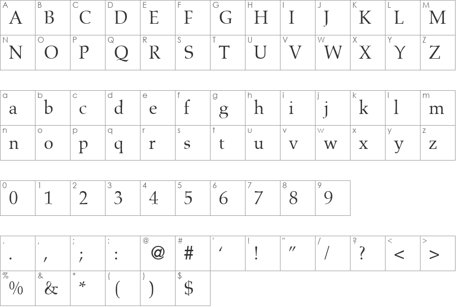 Aldebaran font character map preview