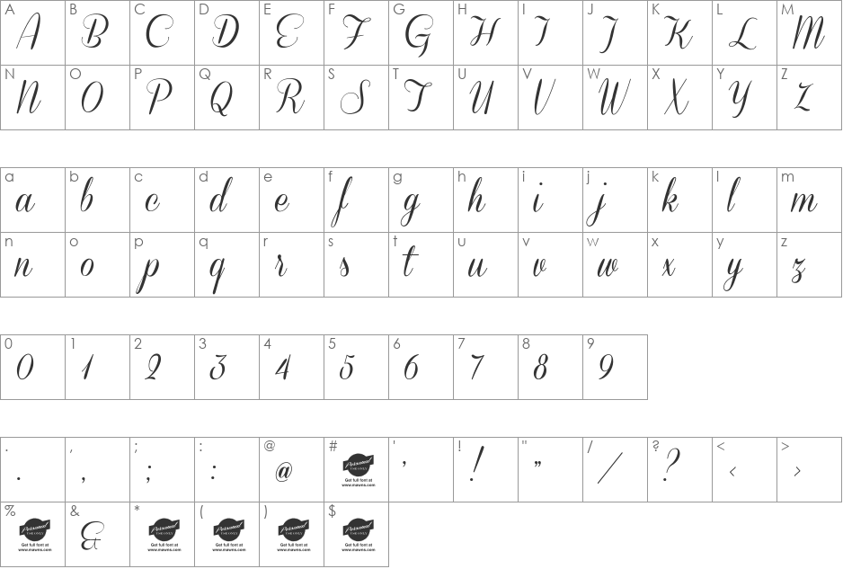 Coneria Script Slanted Demo font character map preview