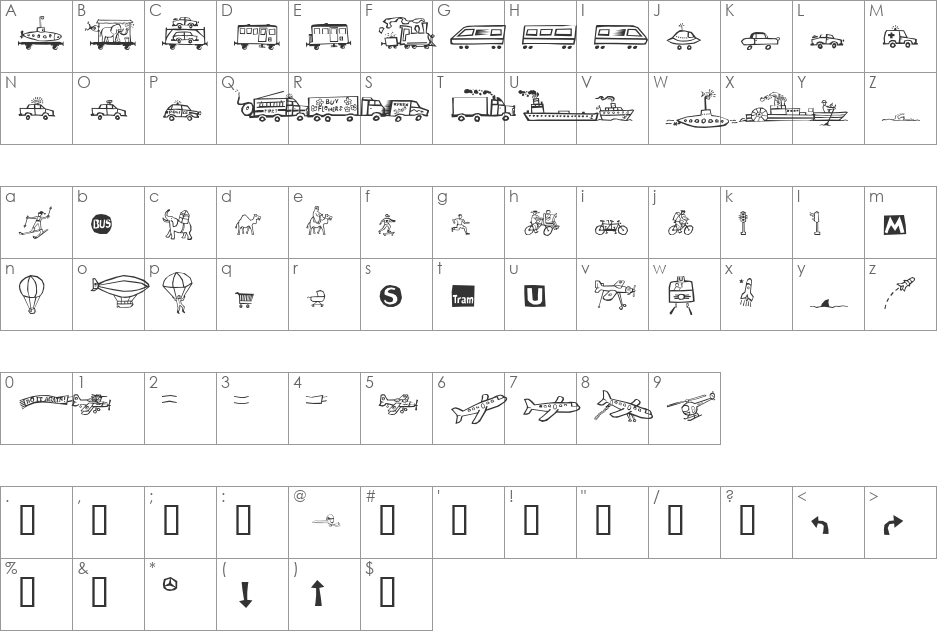 AleTransportLL font character map preview