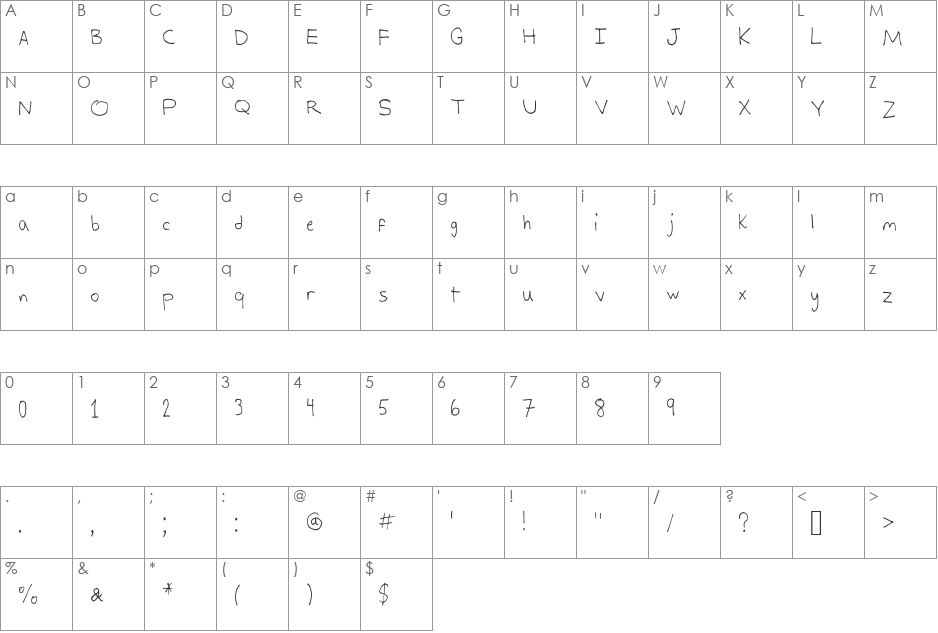 Alex's Writing font character map preview