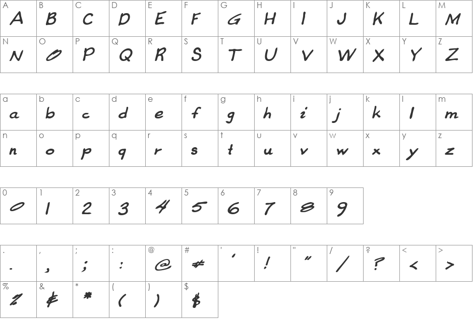 CoreysHand font character map preview
