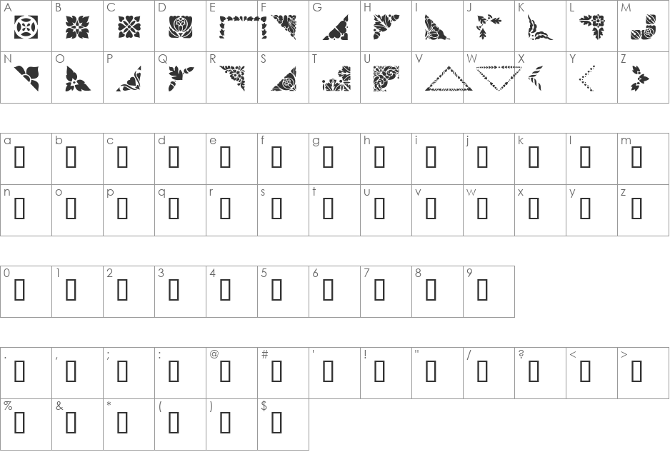 Corners & Borders font character map preview