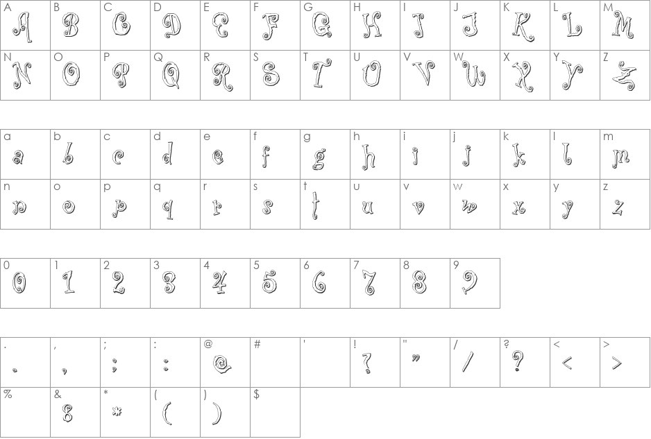 Corps-Script-Shadow font character map preview