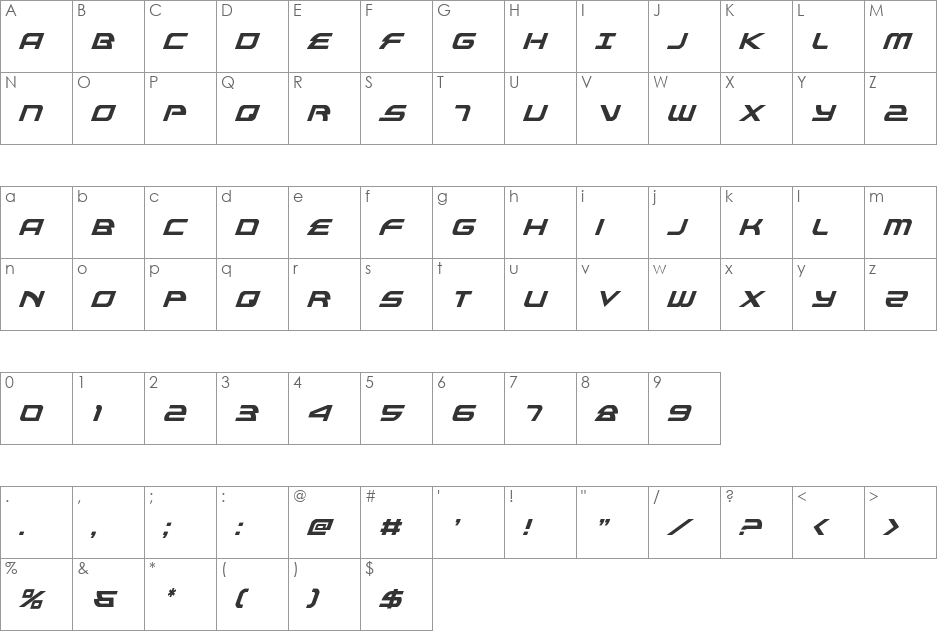 Alexis Condensed Italic font character map preview
