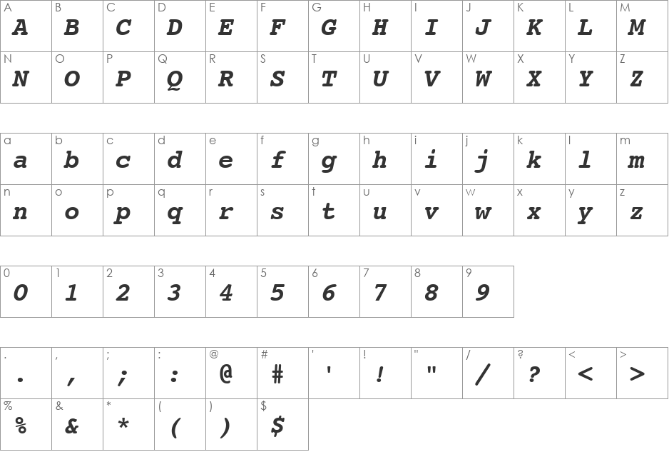 Courier SWA font character map preview